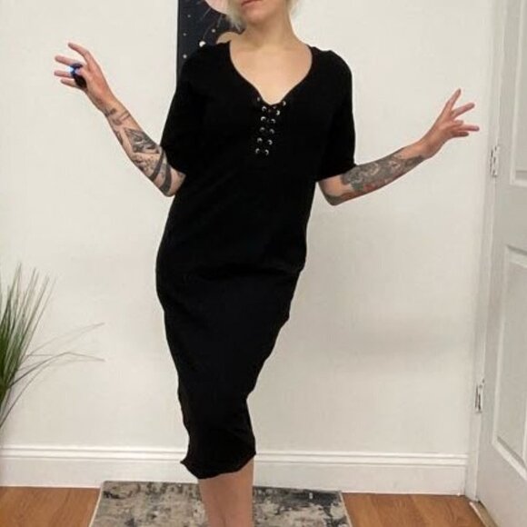 Monrow Mommy Jersey Lace-Up Midi Dress Short Sleeve Size L Black - Picture 5 of 16